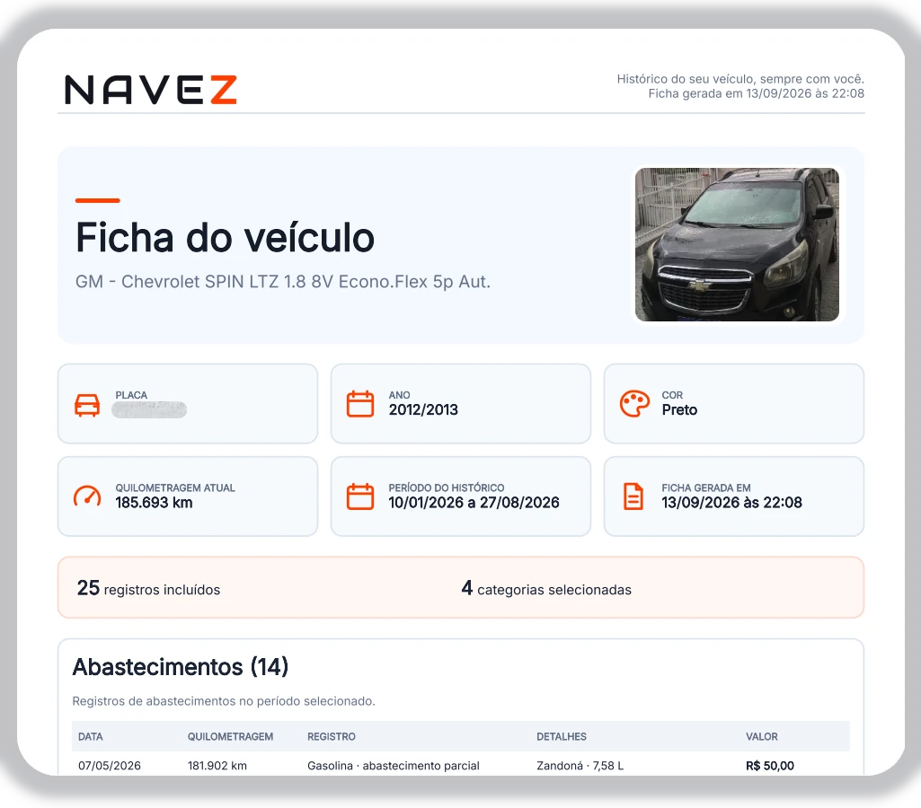 Ficha do veículo com o histórico de manutenções e consumo para sustentar o preço na revenda