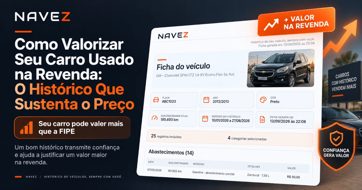 Ficha do veículo no Navez para apresentar o histórico do carro ao comprador