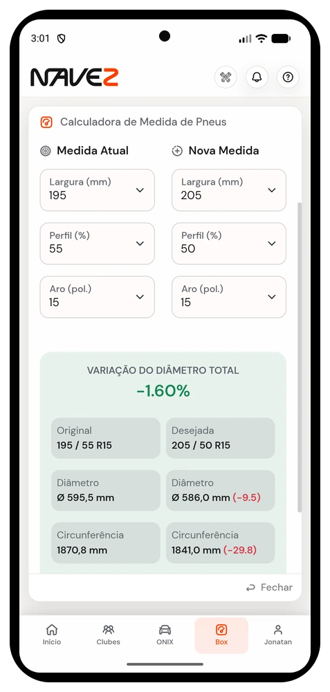 Calculadora de medida de pneus do Navez comparando 195/55 R15 com 205/50 R15 e mostrando variação de menos 1,60%